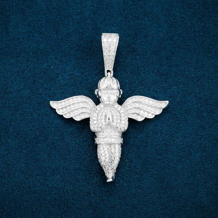 14k white gold moissanite angel pendant 925 sterling silver front