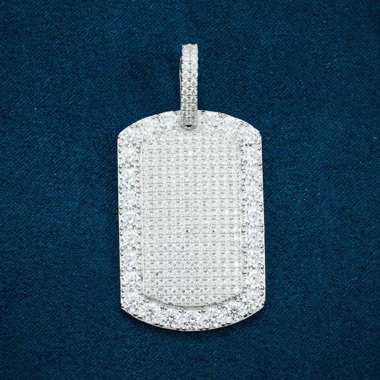 14k white gold moissanite dog tag pendant 925 sterling silver front