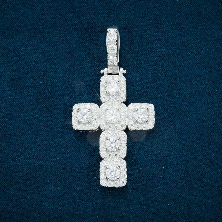 925 Silver VVS Moissanite Halo Cross Pendant 14K White Gold IceATL