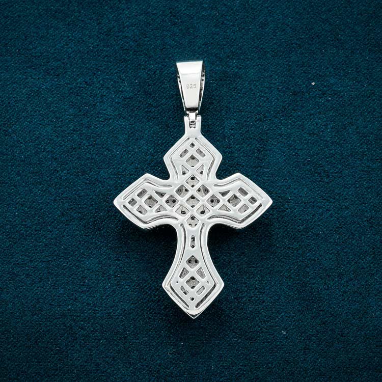14k white gold moissanite syriac cross pendant 925 sterling silver back