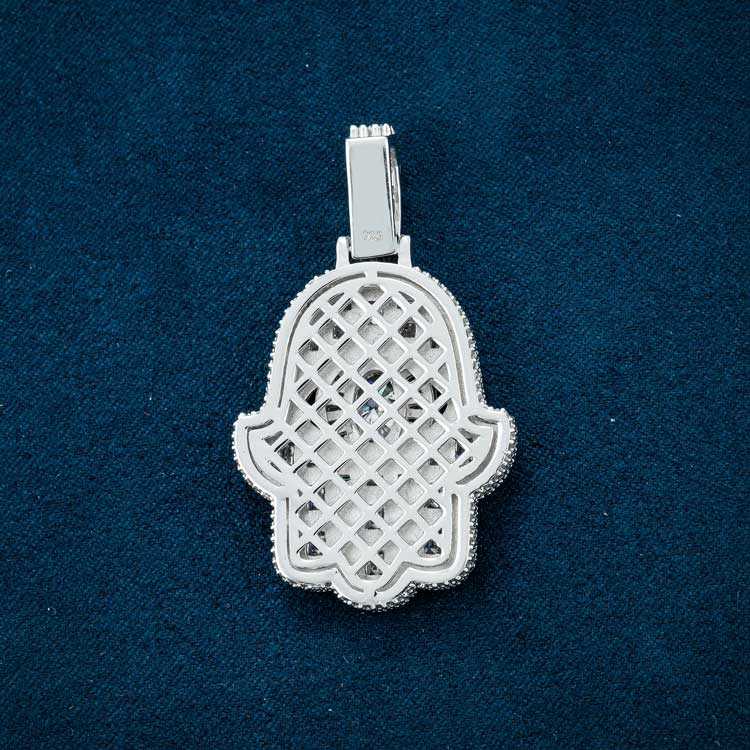 14k white gold princess cut moissanite hamsa hand pendant 925 sterling silver back