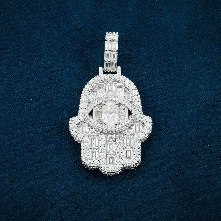 14k white gold princess cut moissanite hamsa hand pendant 925 sterling silver front