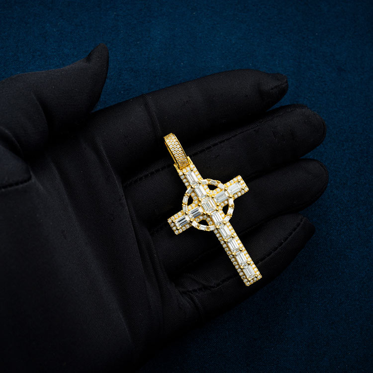 14k yellow gold moissanite celtic cross pendant 925 sterling silver hand
