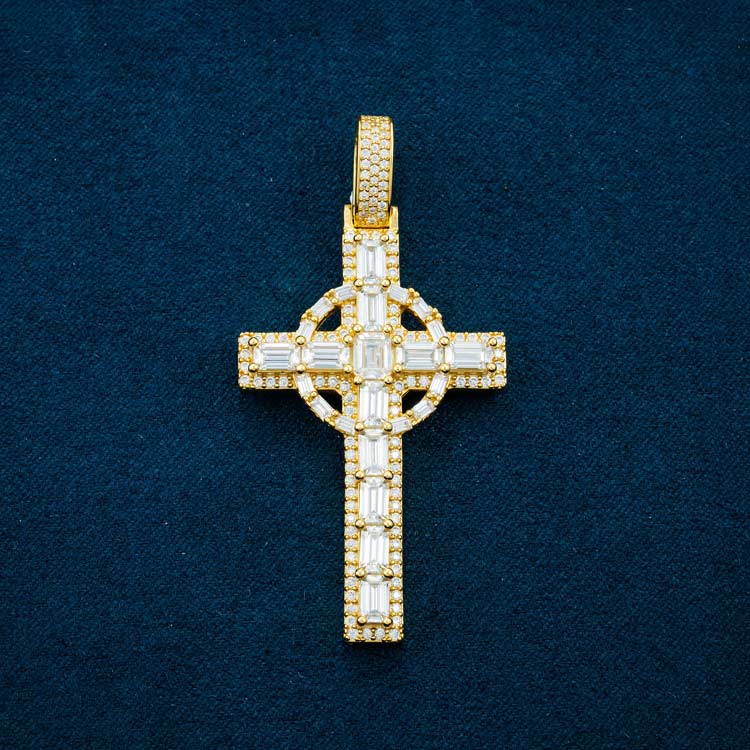 14k yellow gold moissanite celtic cross pendant 925 sterling silver