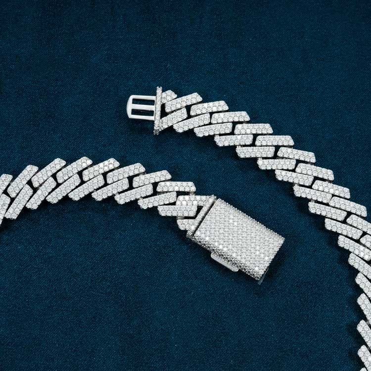 2 row 925 silver 18mm moissanite cuban link chain necklace 14k white gold box clasp