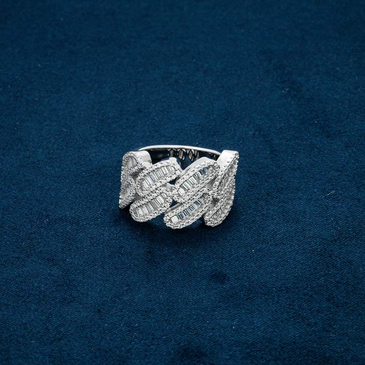 925 silver baguette moissanite cuban link ring 14k white gold front