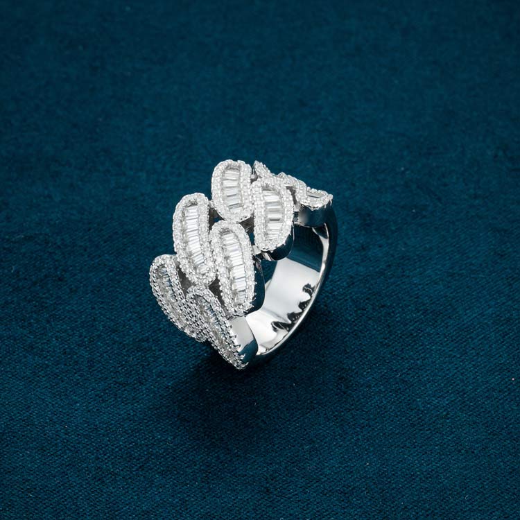 925 silver baguette moissanite cuban link ring 14k white gold side