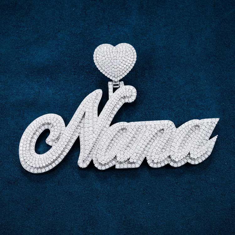 925 silver custom moissanite pendant cursive letters 14k white gold front