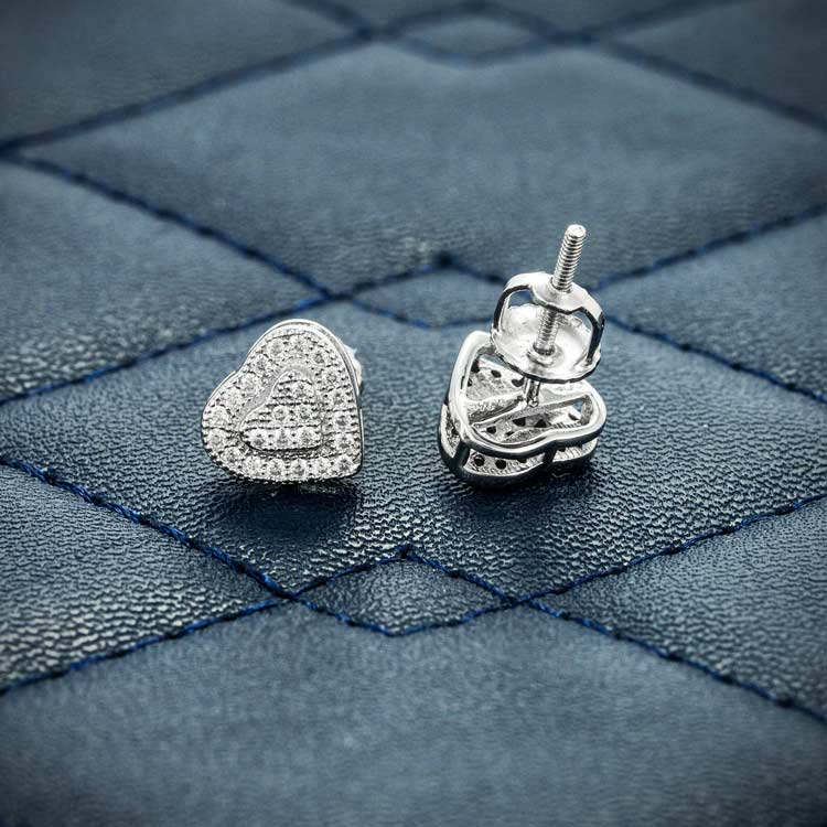 Heart Shaped Moissanite Stud Earrings Screw Back front 14k white gold