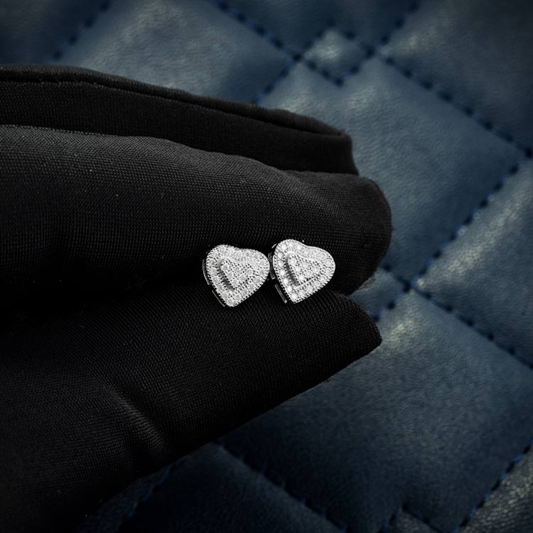 Heart Shaped Moissanite Stud Earrings Screw Back hand 14k white gold