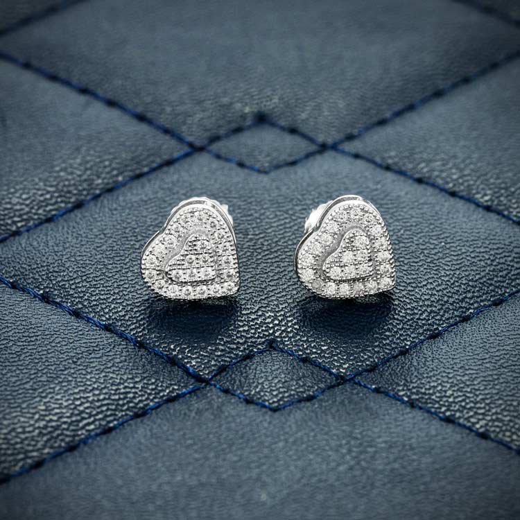 Heart Shaped Moissanite Stud Earrings Screw Back 14k white gold