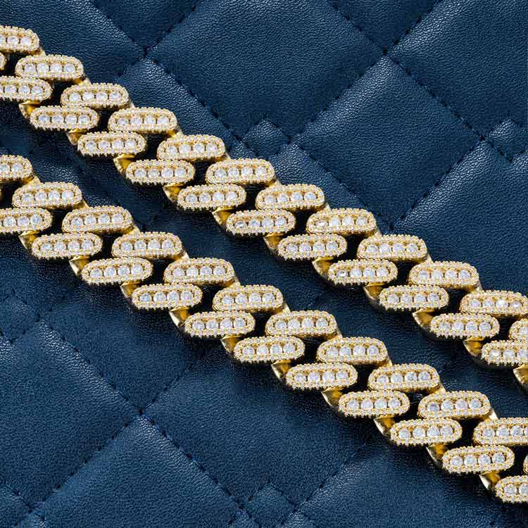 Mens 18mm moissanite 3 row miami cuban link chain 925 silver 14k yellow gold
