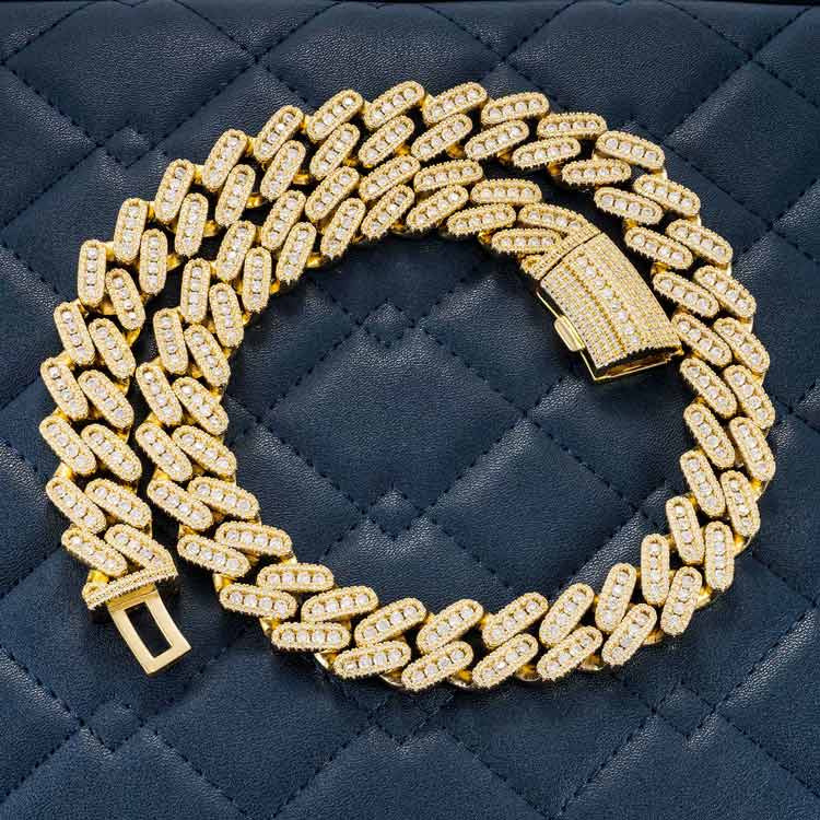 Mens 18mm moissanite miami cuban link chain necklace 925 silver 14k yellow gold real