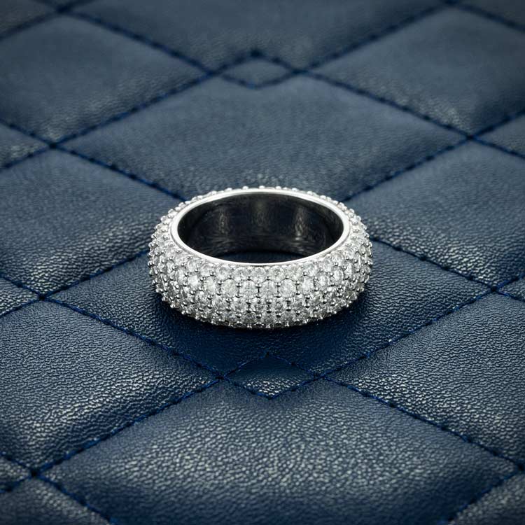 Mens 5 row moissanite band ring 925 silver 14k white gold back