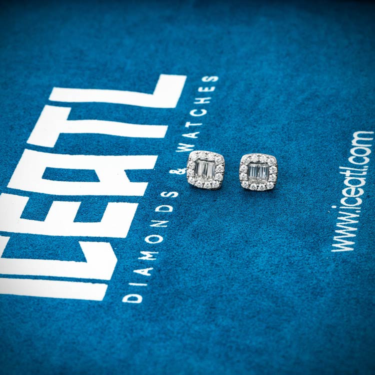 Mens Baguette Moissanite Stud Earrings Screw Back 925 silver 14k white gold IceATL