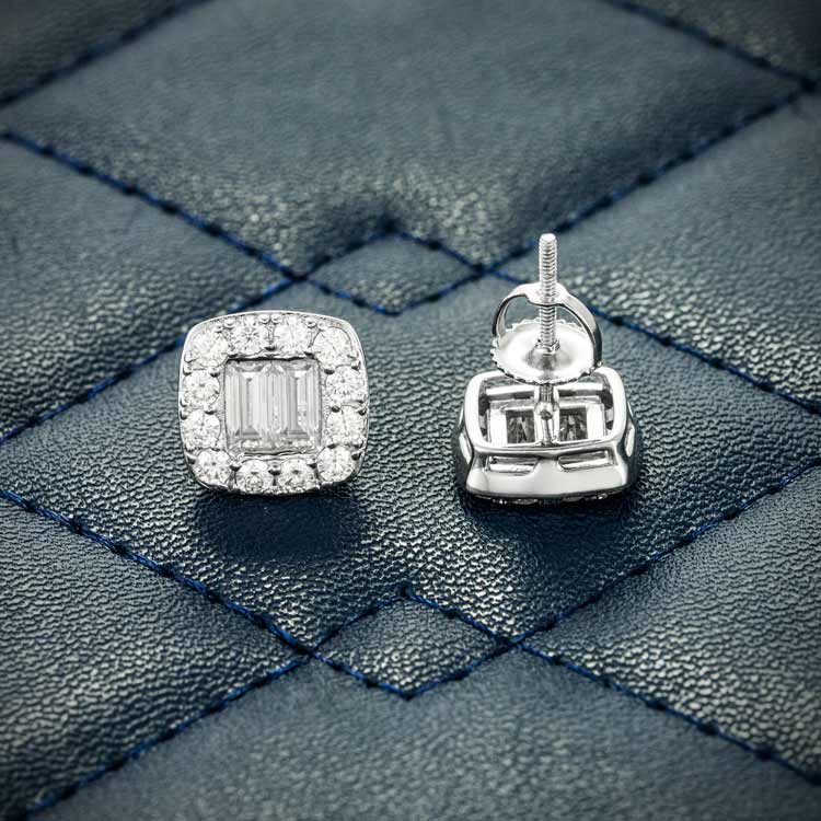 Mens Baguette Moissanite Stud Earrings Screw Back 925 silver 14k white gold front