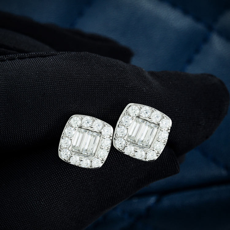 Mens Baguette Moissanite Stud Earrings Screw Back 925 silver white gold hand 14k white gold