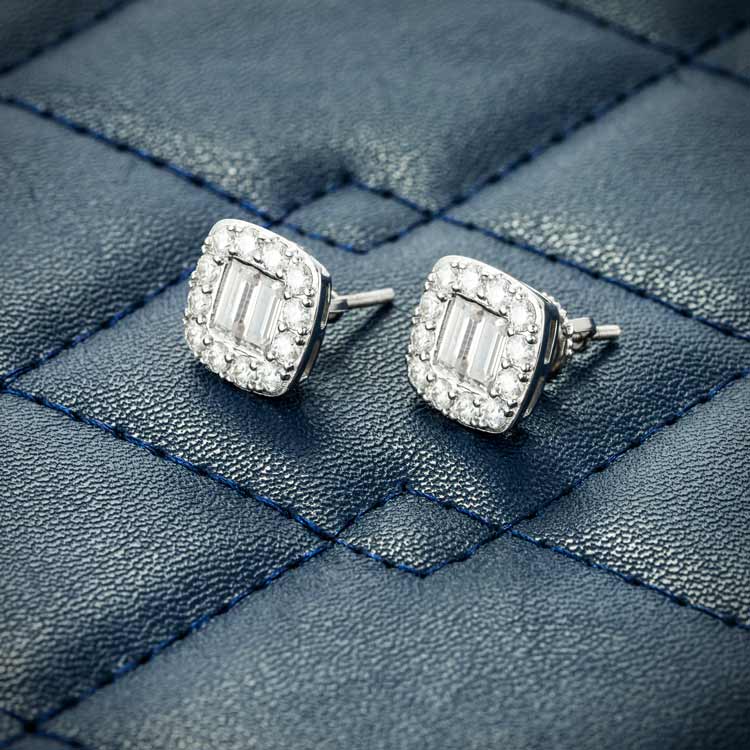 Mens Baguette Moissanite Stud Earrings Screw Back 925 silver white gold side 14k white gold
