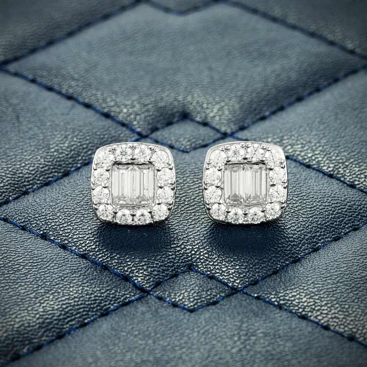 Mens Baguette Moissanite Stud Earrings Screw Back 925 silver 14k white gold