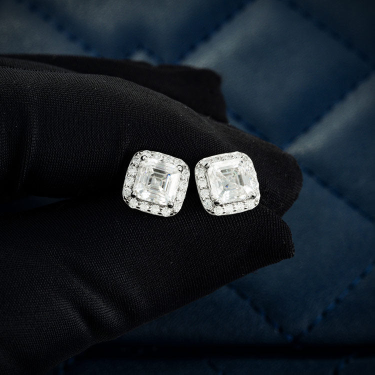 Mens halo screw back moissanite stud earrings 925 silver 14k white gold hand