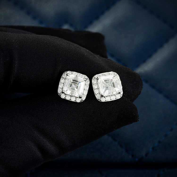 Square Shape Screw Back 14K White Gold Diamond Pave Stud Earrings