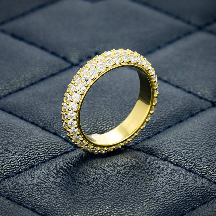 Mens moissanite 3 row band ring 925 silver 14k yellow gold back
