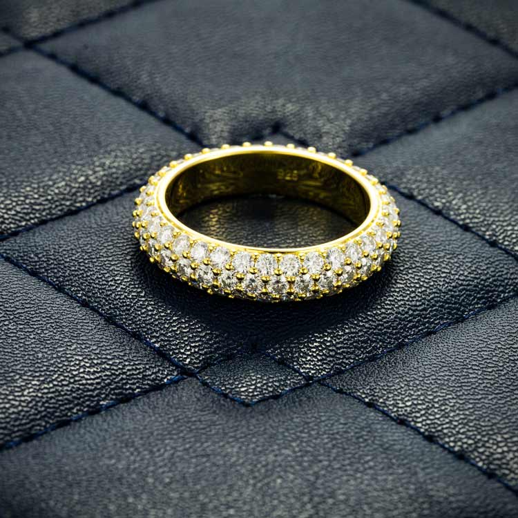 Mens moissanite 3 row band ring 925 silver 14k yellow gold front