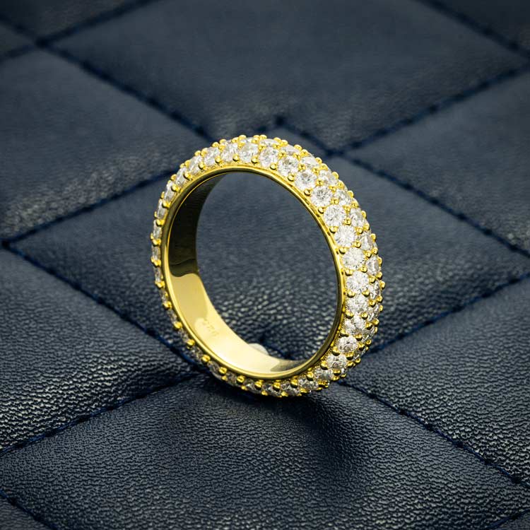 Mens moissanite 3 row band ring 925 silver 14k yellow gold side