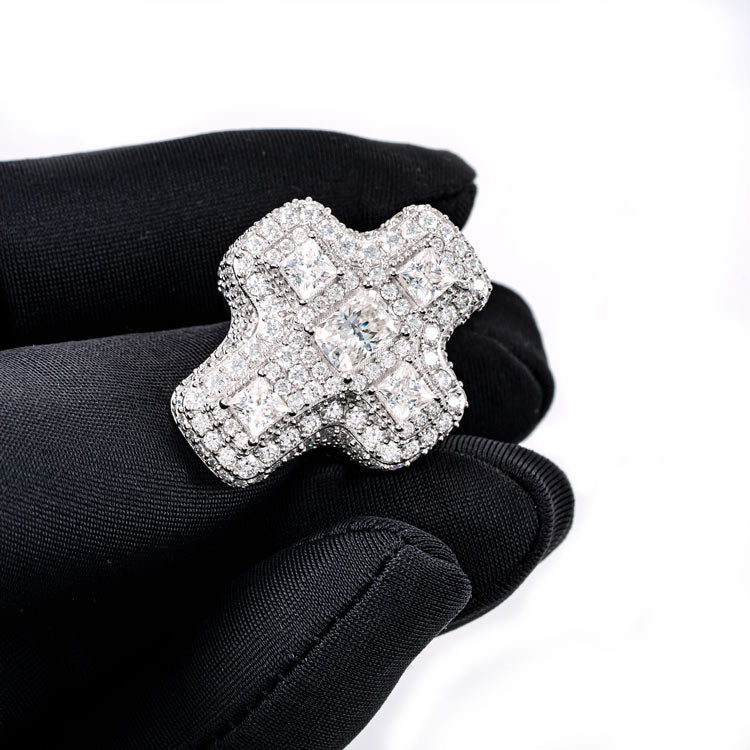 Mens moissanite baguette cross ring 925 silver 14k white gold