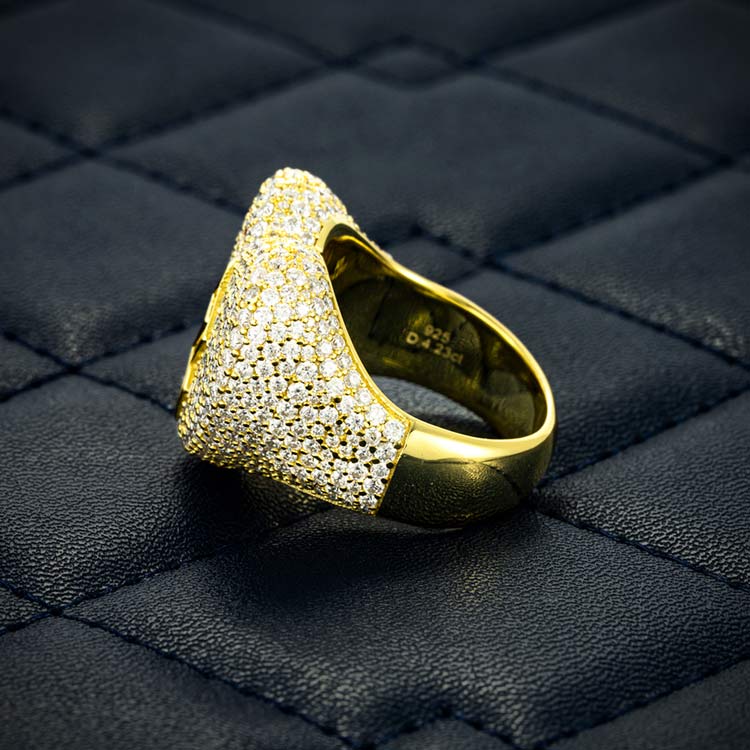 Mens moissanite broken heart shaped signet ring 925 silver 14k yellow gold side