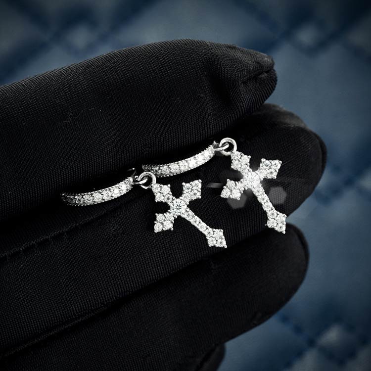 Mens moissanite cross dangle hoop earrings 925 silver 14k white gold