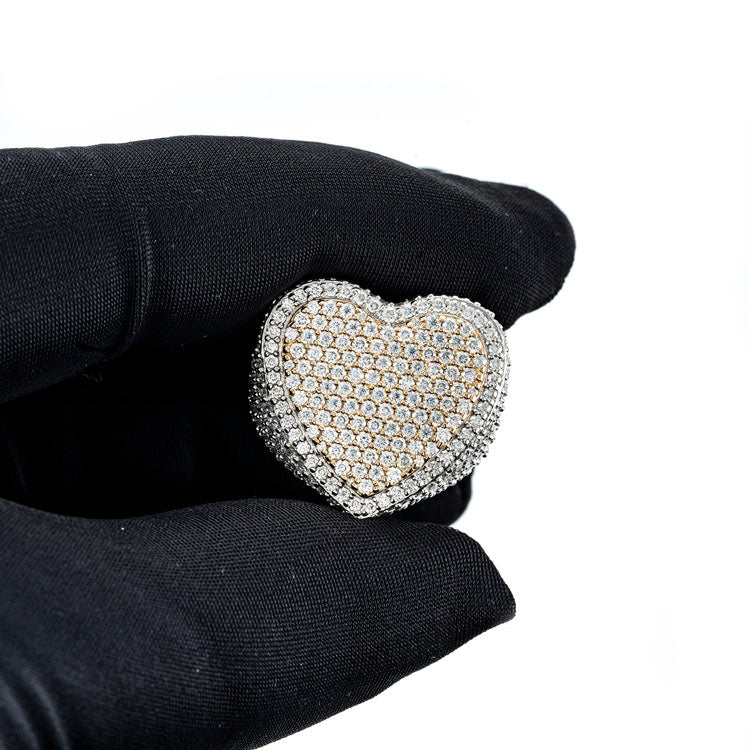 Mens moissanite heart shaped signet ring 925 silver 14k white gold two tone