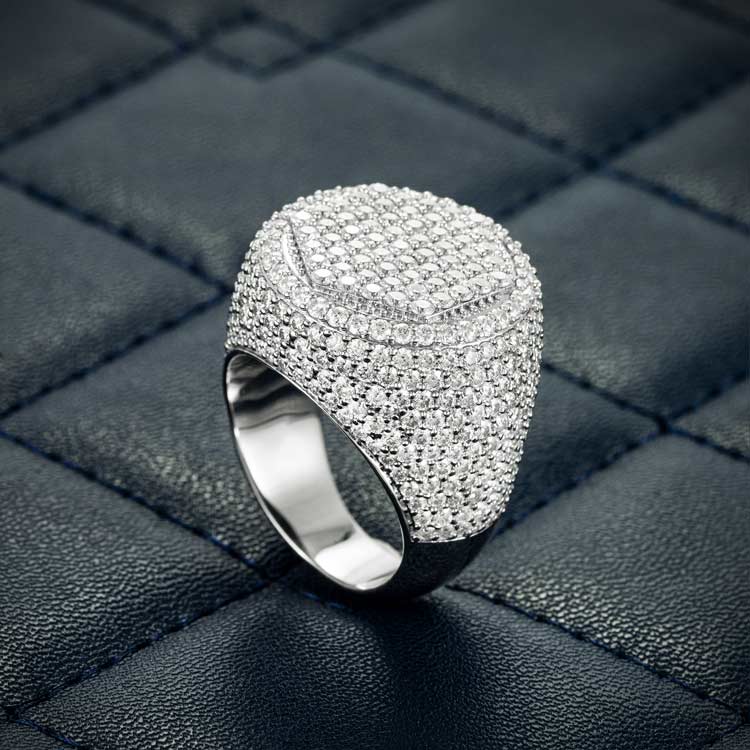 Mens moissanite hexagon signet ring 925 silver 14k white gold back