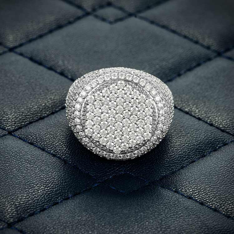 Mens moissanite hexagon signet ring 925 silver 14k white gold front
