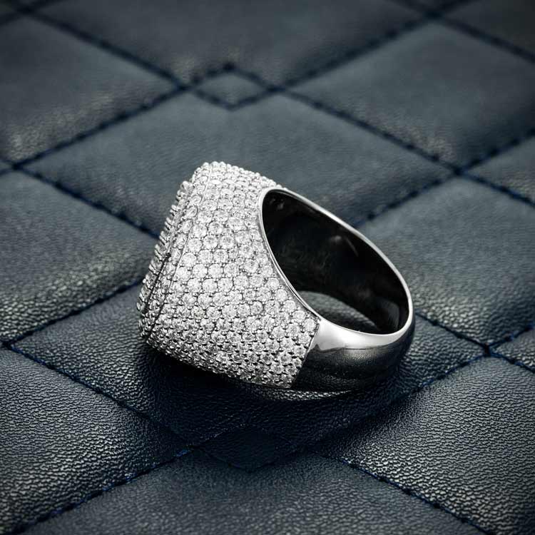 Mens moissanite hexagon signet ring 925 silver 14k white gold side
