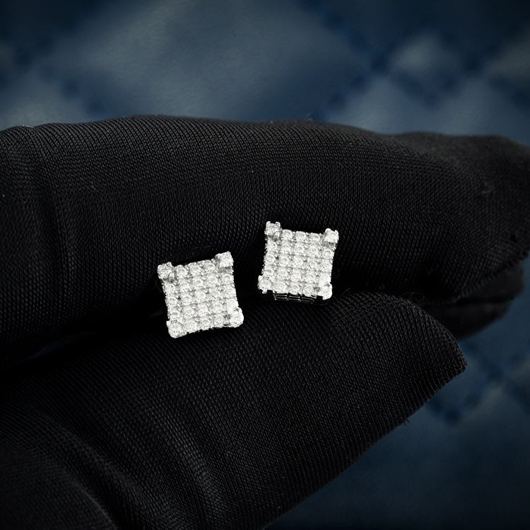 Mens moissanite square cluster stud earrings 925 silver 14k white gold hand
