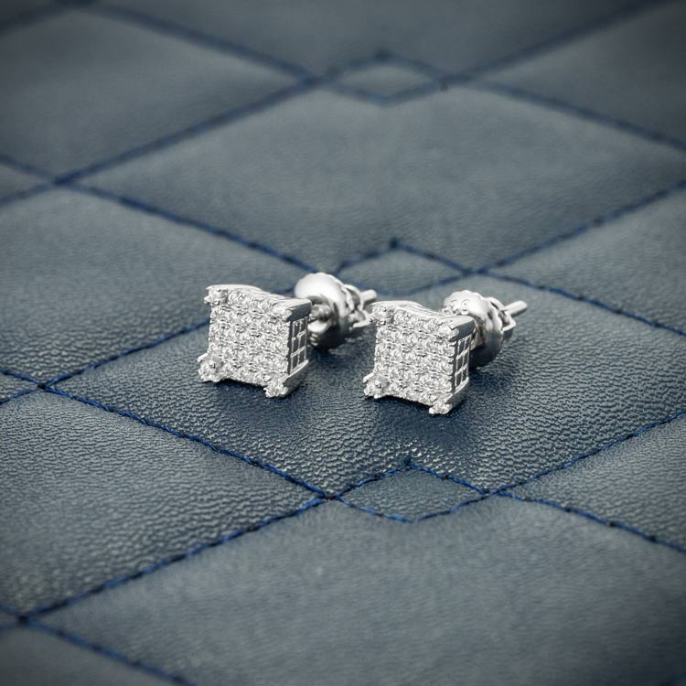 Mens moissanite square cluster stud earrings 925 silver 14k white gold side
