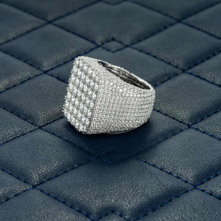 Mens moissanite square signet cluster ring 925 silver 14k white gold front