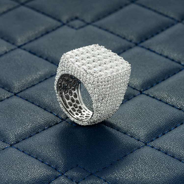 Mens moissanite square signet cluster ring 925 silver 14k white gold side