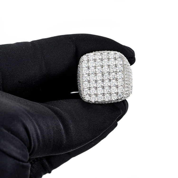 Mens moissanite square signet cluster ring 925 silver 14k white gold