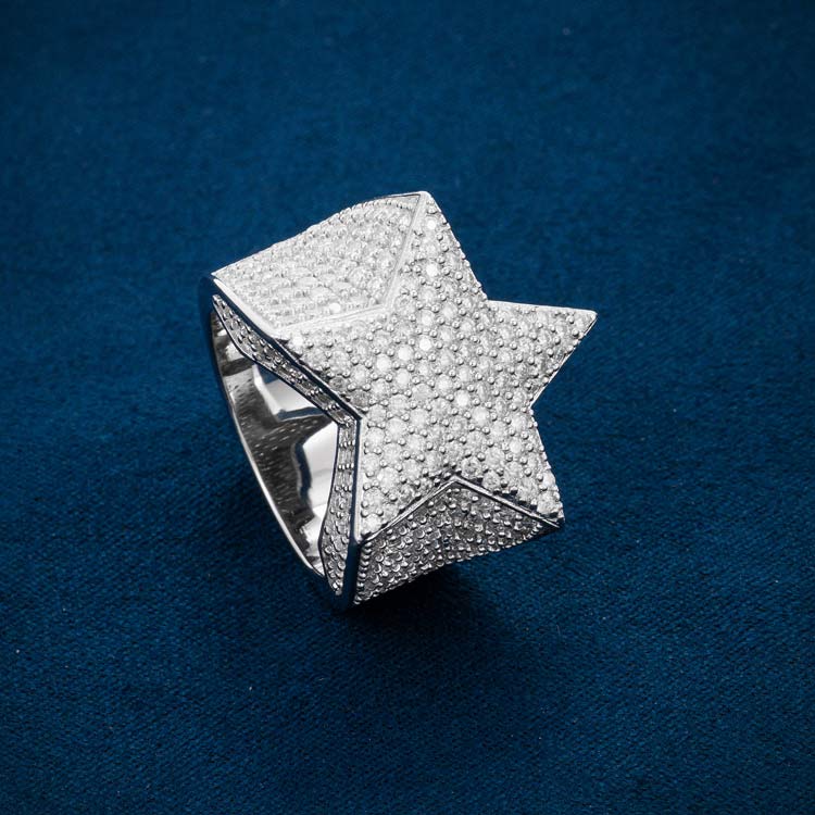 Mens moissanite star ring 925 silver 14k white gold front