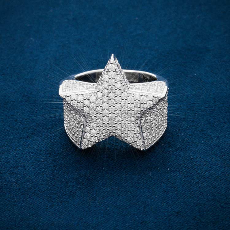 Mens moissanite star ring 925 silver 14k white gold