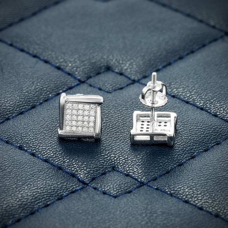 Mens stud moissanite square cluster earrings screw back 925 silver 14k white gold back
