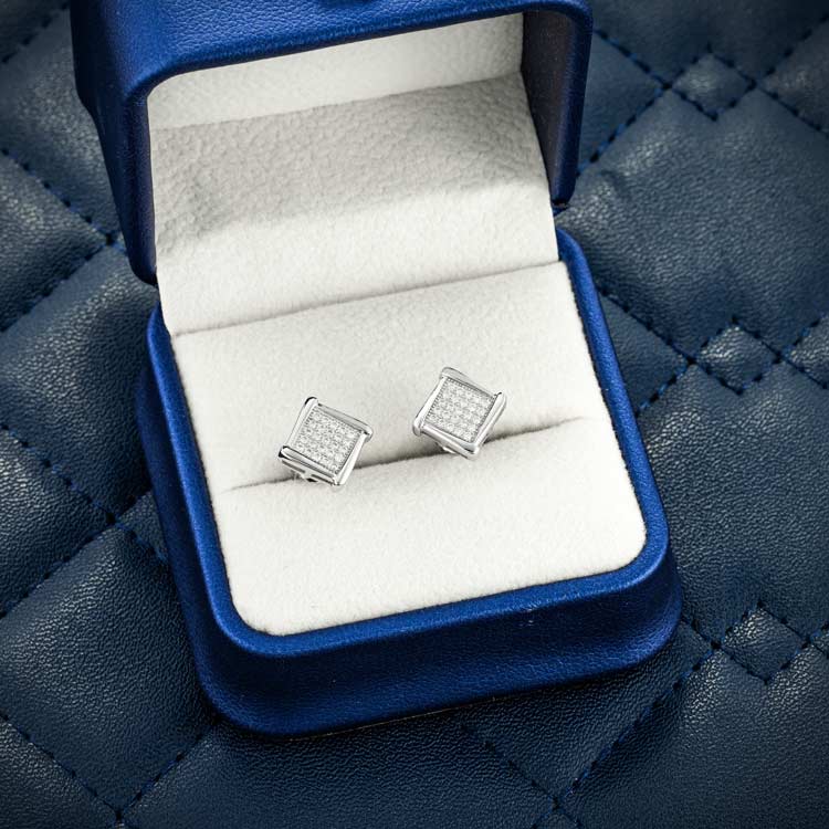 Mens stud moissanite square cluster earrings screw back 925 silver 14k white gold box