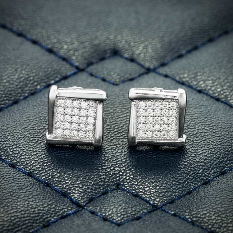 Mens stud moissanite square cluster earrings screw back 925 silver 14k white gold iceatl