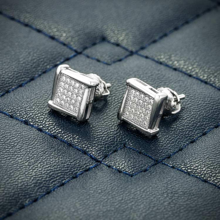 Mens stud moissanite square cluster earrings screw back 925 silver 14k white gold side
