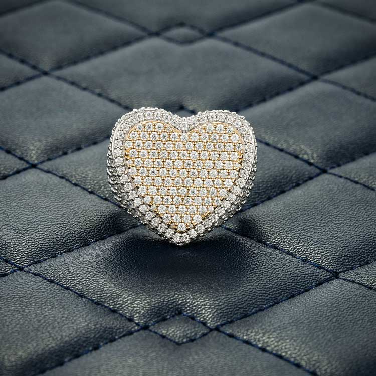Mens two tone moissanite heart shaped signet ring 925 silver 14k gold two tone front