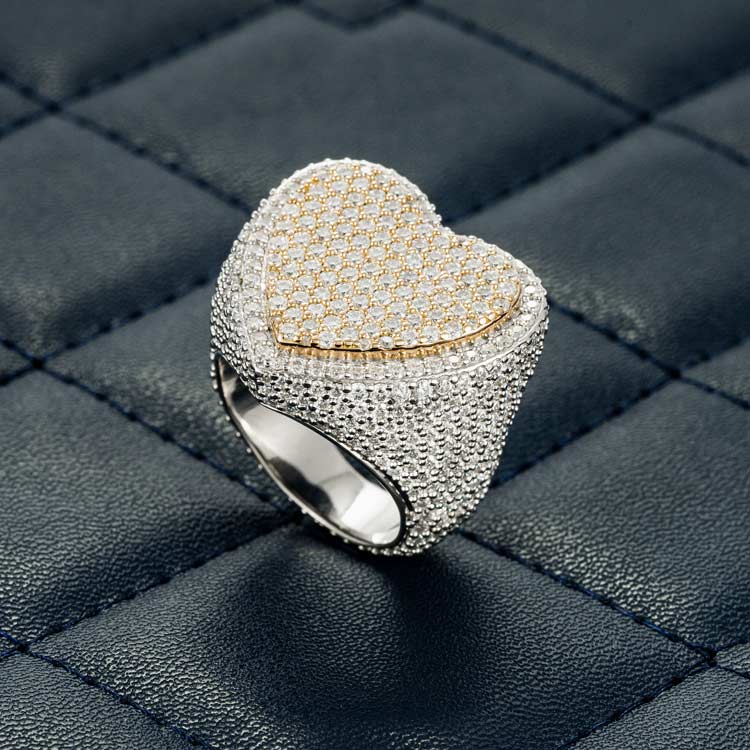 Mens two tone moissanite heart shaped signet ring 925 silver 14k gold two tone side