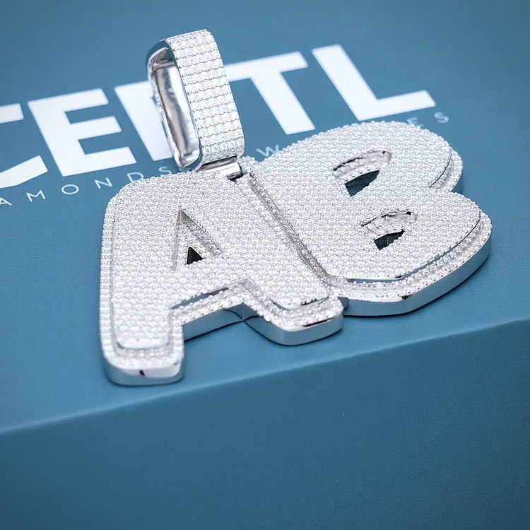 ab mens 925 silver bubble letters custom moissanite pendant 14k white gold side
