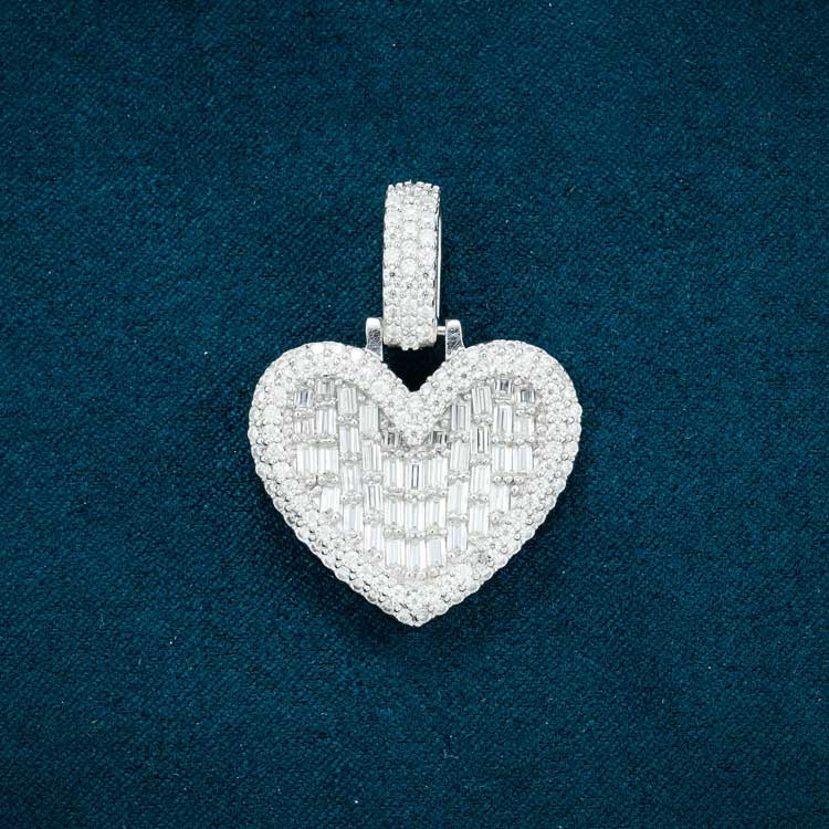 baguette moissanite heart pendant 14k white gold 925 sterling silver small